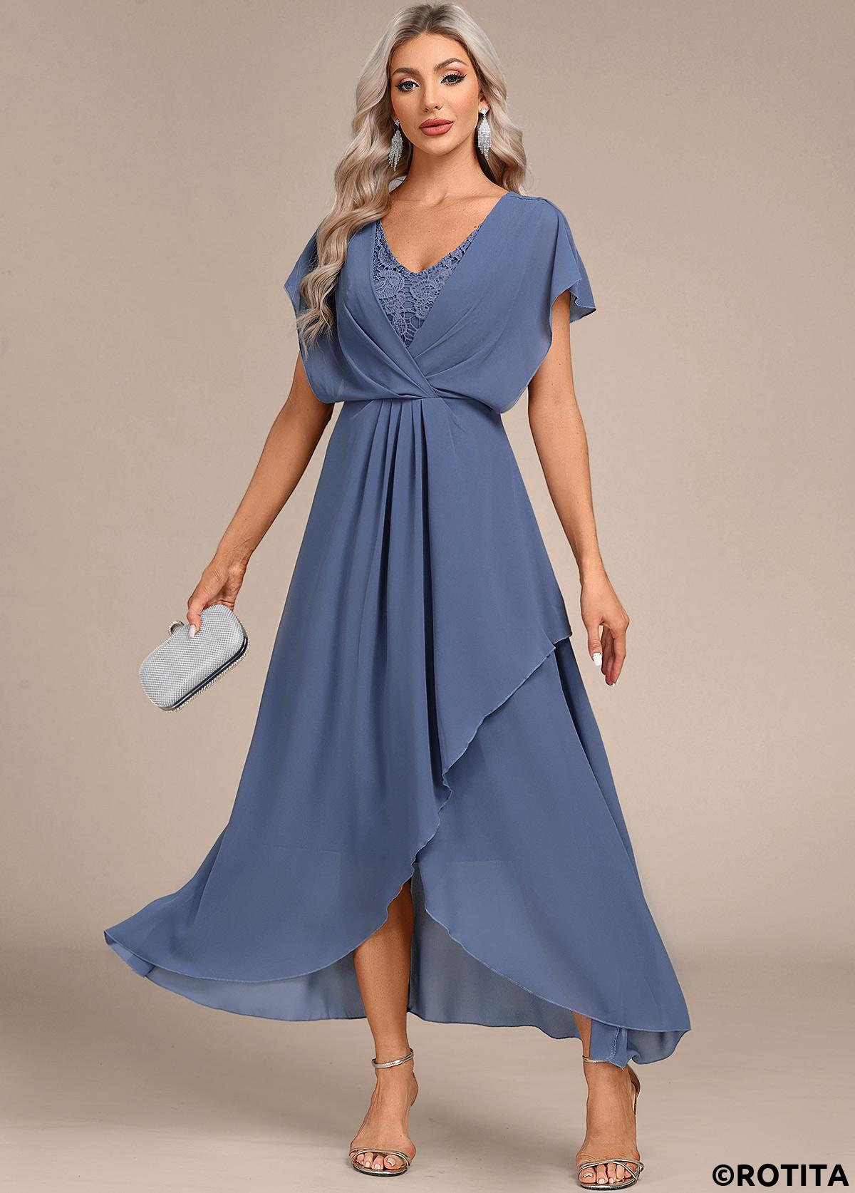 Dusty Blue dresses,Plain Color dresses,Party dresses,Elegant dresses,ROTITA Lace Dusty Blue V Neck Maxi Dress