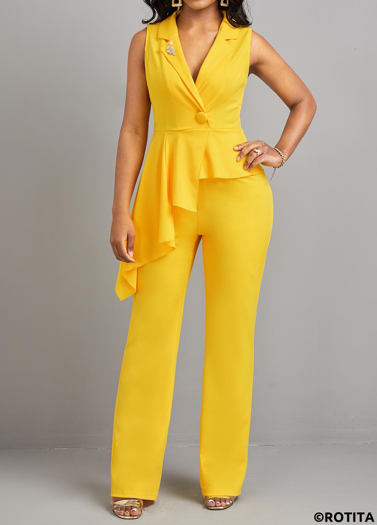 Yellow jumpsuits&rompers,Plain Color jumpsuits&rompers,ROTITA Button Detail Asymmetric Patchwork Yellow Jumpsuit