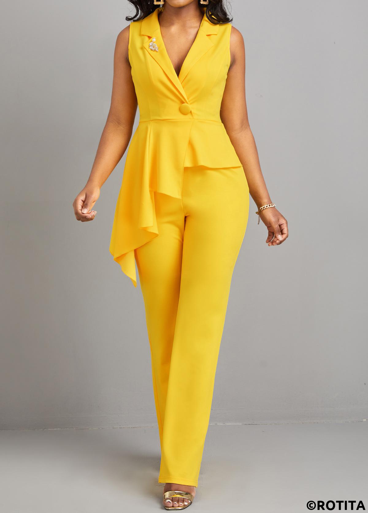 Yellow jumpsuits&rompers,Plain Color jumpsuits&rompers,ROTITA Button Detail Asymmetric Patchwork Yellow Jumpsuit