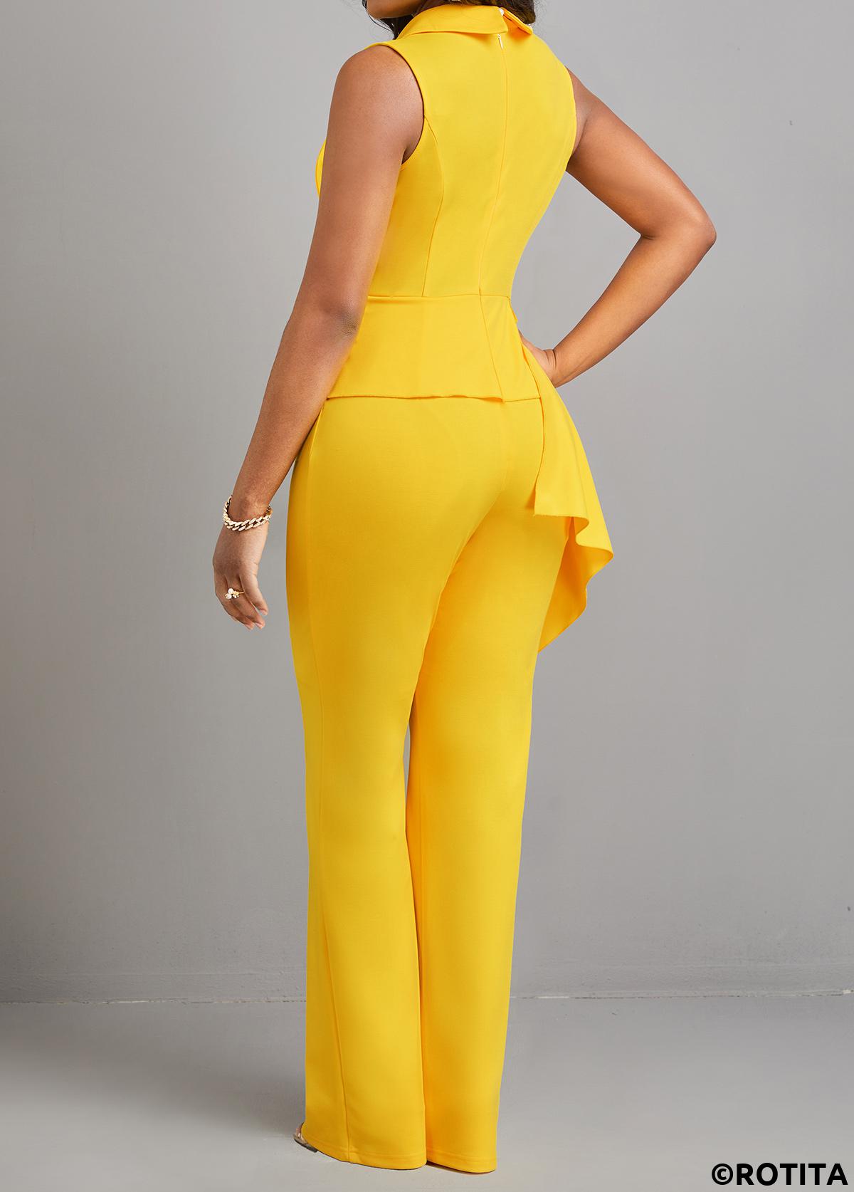Yellow jumpsuits&rompers,Plain Color jumpsuits&rompers,ROTITA Button Detail Asymmetric Patchwork Yellow Jumpsuit