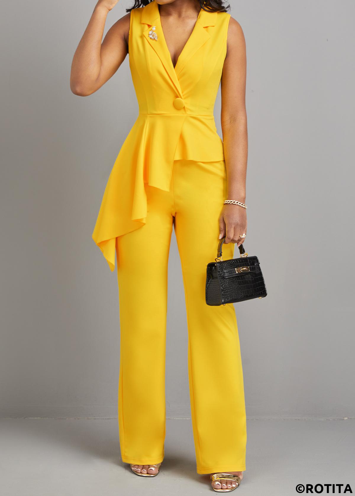 Yellow jumpsuits&rompers,Plain Color jumpsuits&rompers,ROTITA Button Detail Asymmetric Patchwork Yellow Jumpsuit