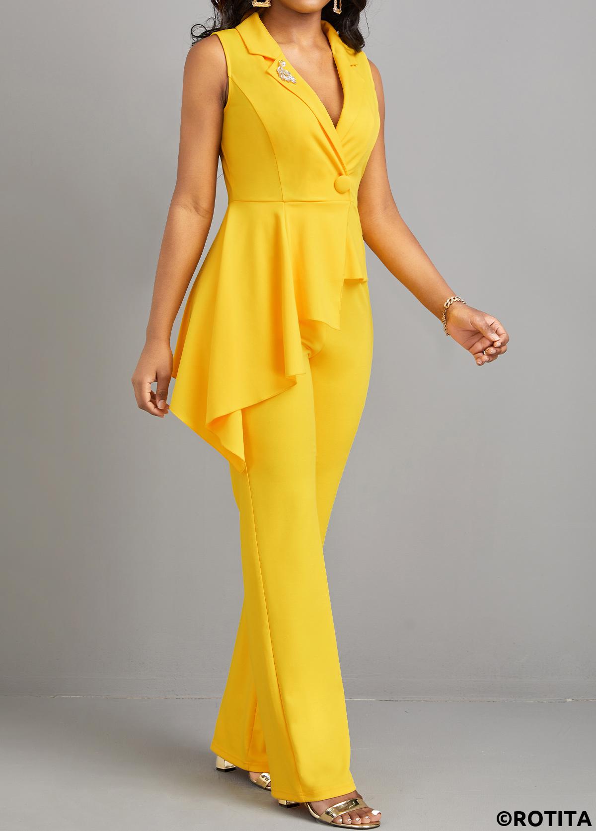 Yellow jumpsuits&rompers,Plain Color jumpsuits&rompers,ROTITA Button Detail Asymmetric Patchwork Yellow Jumpsuit