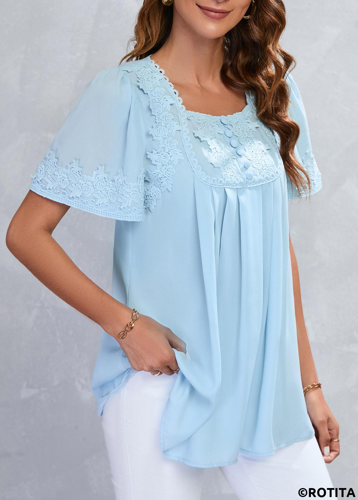 Light Blue tops,Plain Color tops,ROTITA Lace Light Blue Square Neck Half Sleeve Blouse