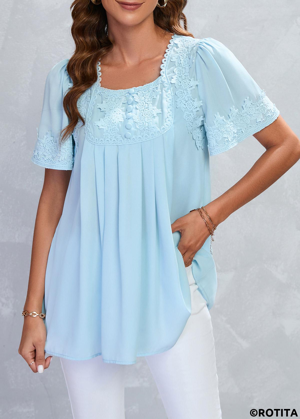 Light Blue tops,Plain Color tops,ROTITA Lace Light Blue Square Neck Half Sleeve Blouse