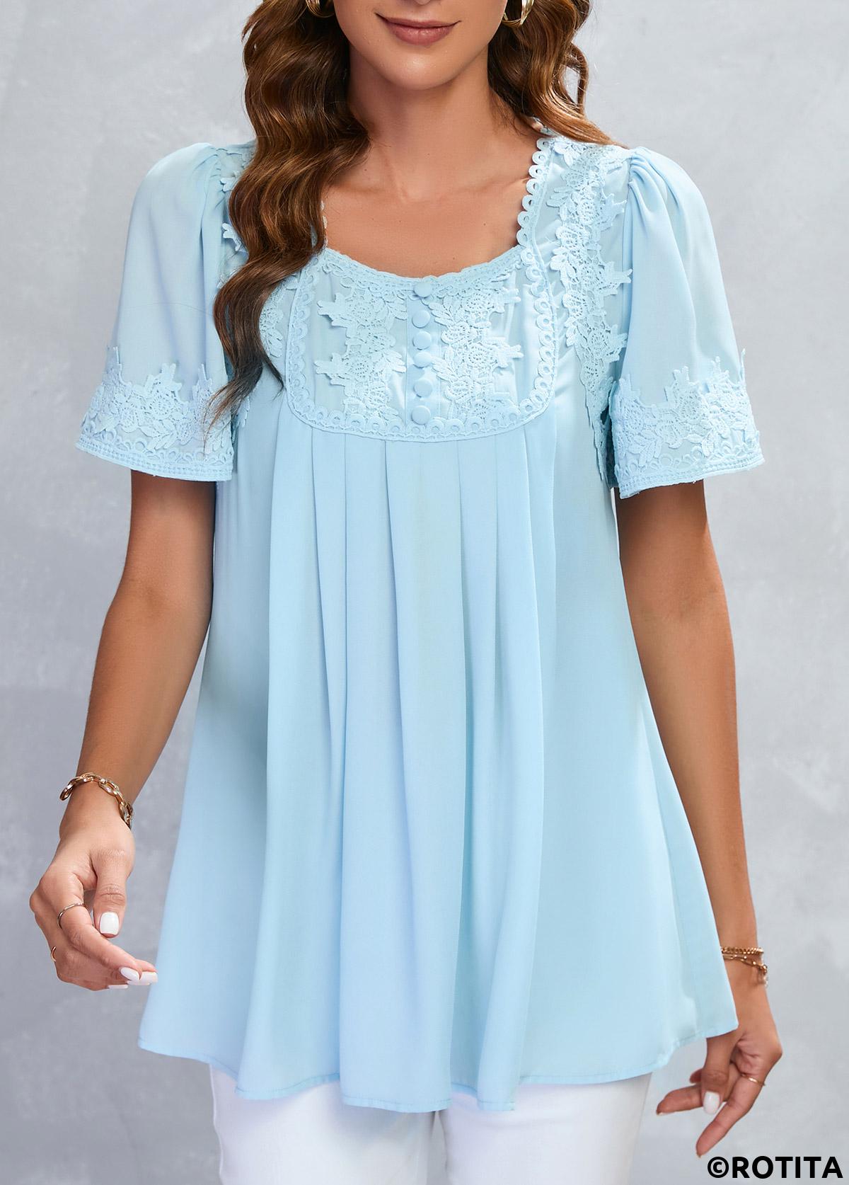 Light Blue tops,Plain Color tops,ROTITA Lace Light Blue Square Neck Half Sleeve Blouse