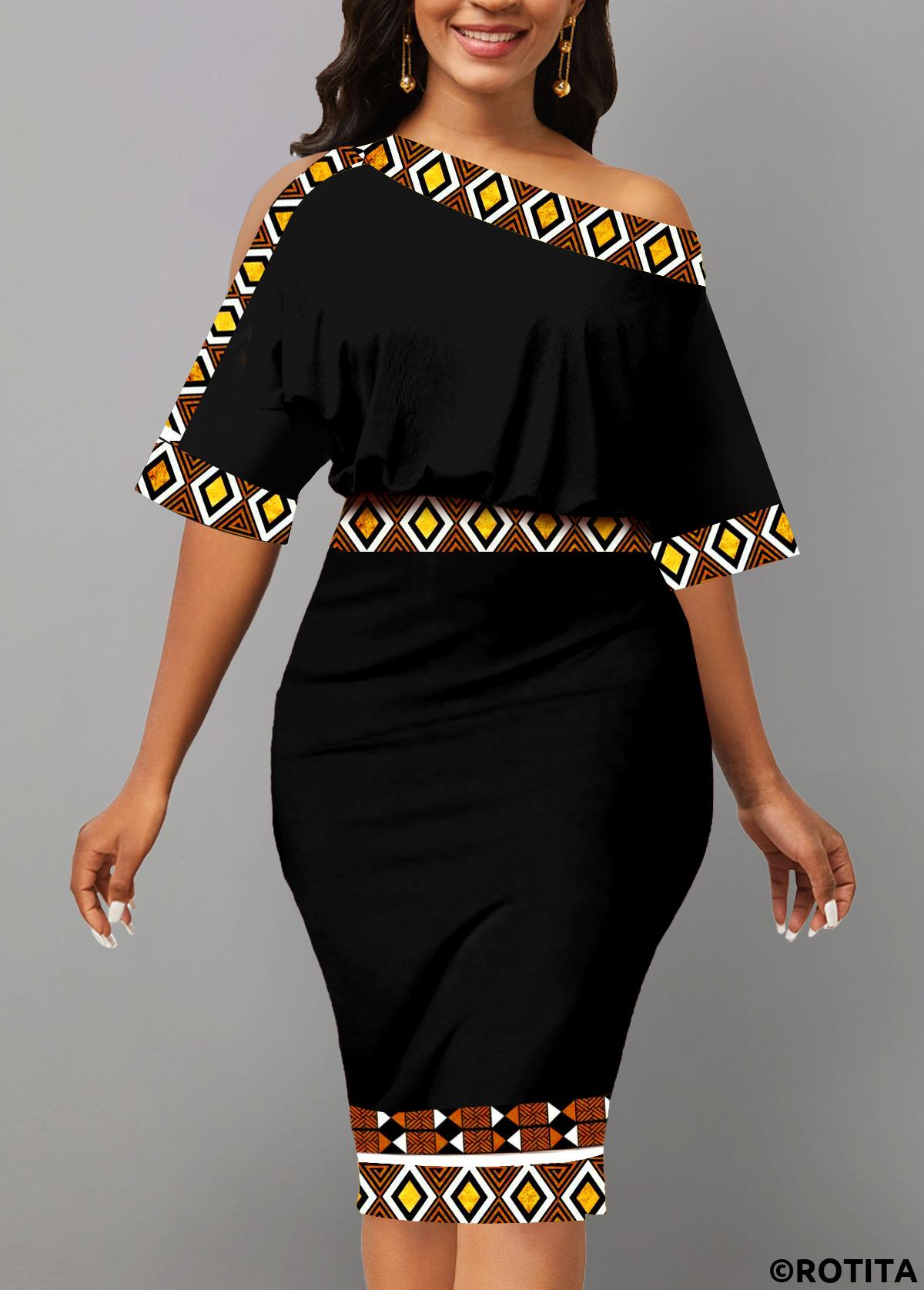 Black dresses,Tribal dresses,Geometric dresses,Striped dresses,Party dresses,Elegant dresses,ROTITA Asymmetry Tribal Print Black Boat Neck Bodycon Dress
