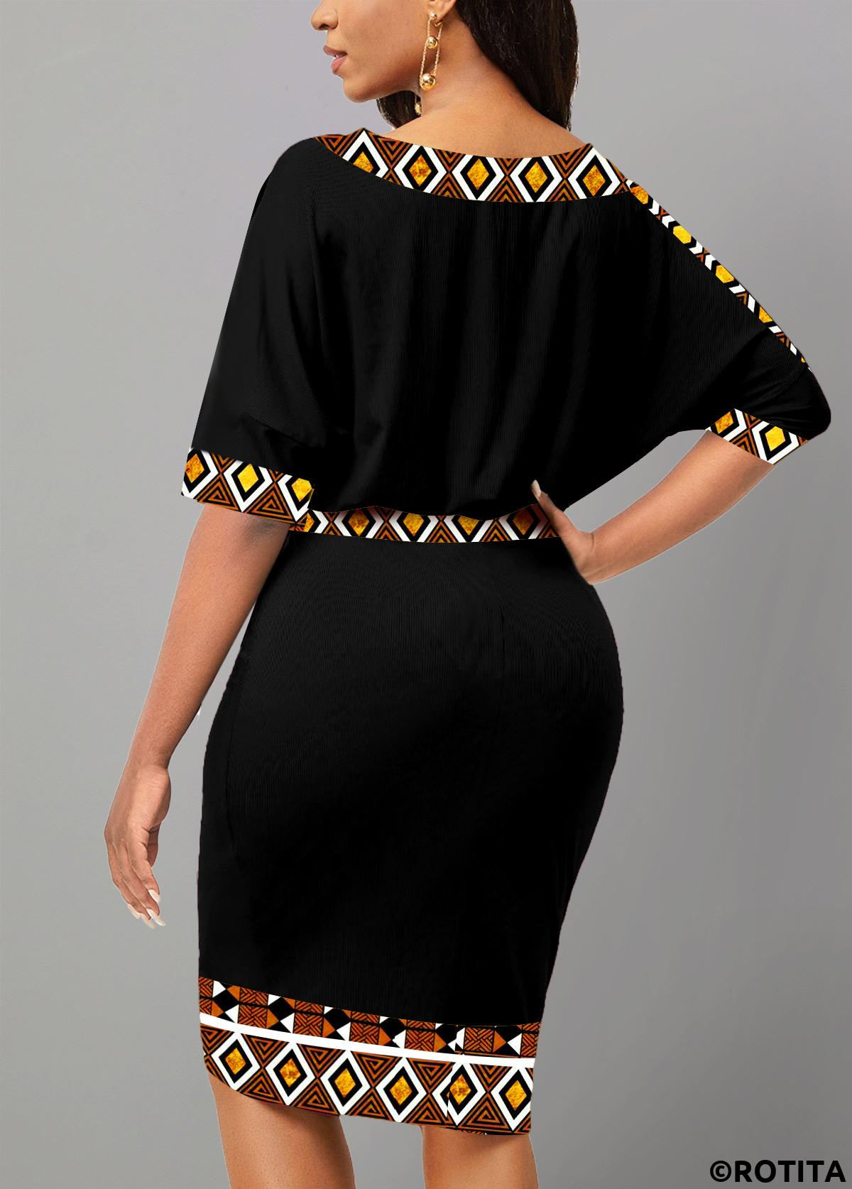 Black dresses,Tribal dresses,Geometric dresses,Striped dresses,Party dresses,Elegant dresses,ROTITA Asymmetry Tribal Print Black Boat Neck Bodycon Dress