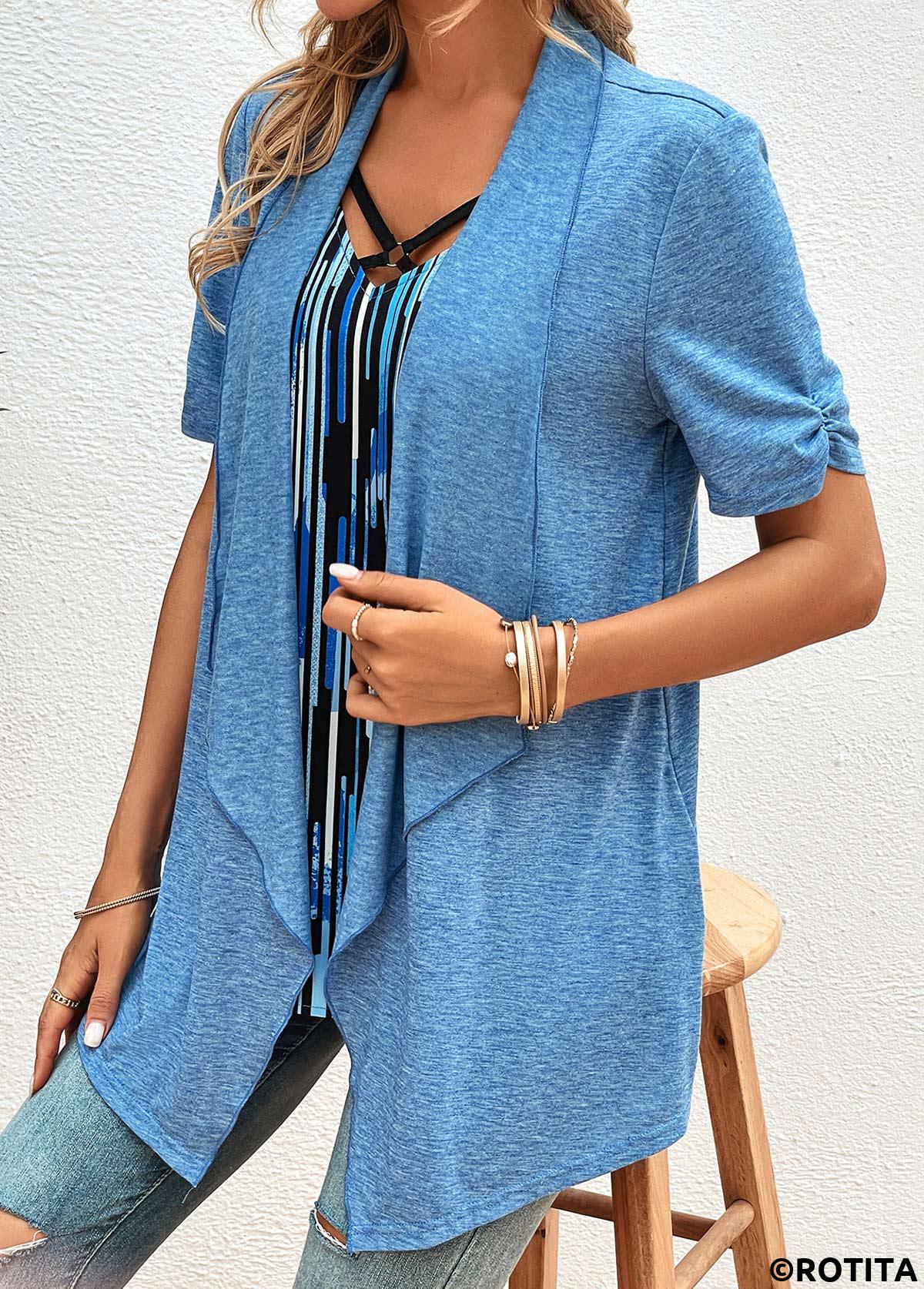 ROTITA Geometric Print Blue V Neck Fake Two Piece Twinset