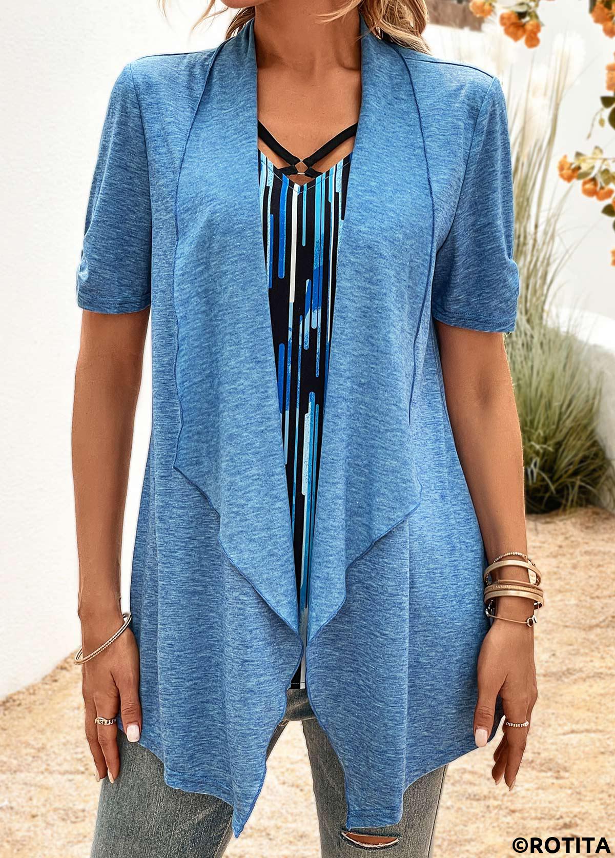 ROTITA Geometric Print Blue V Neck Fake Two Piece Twinset