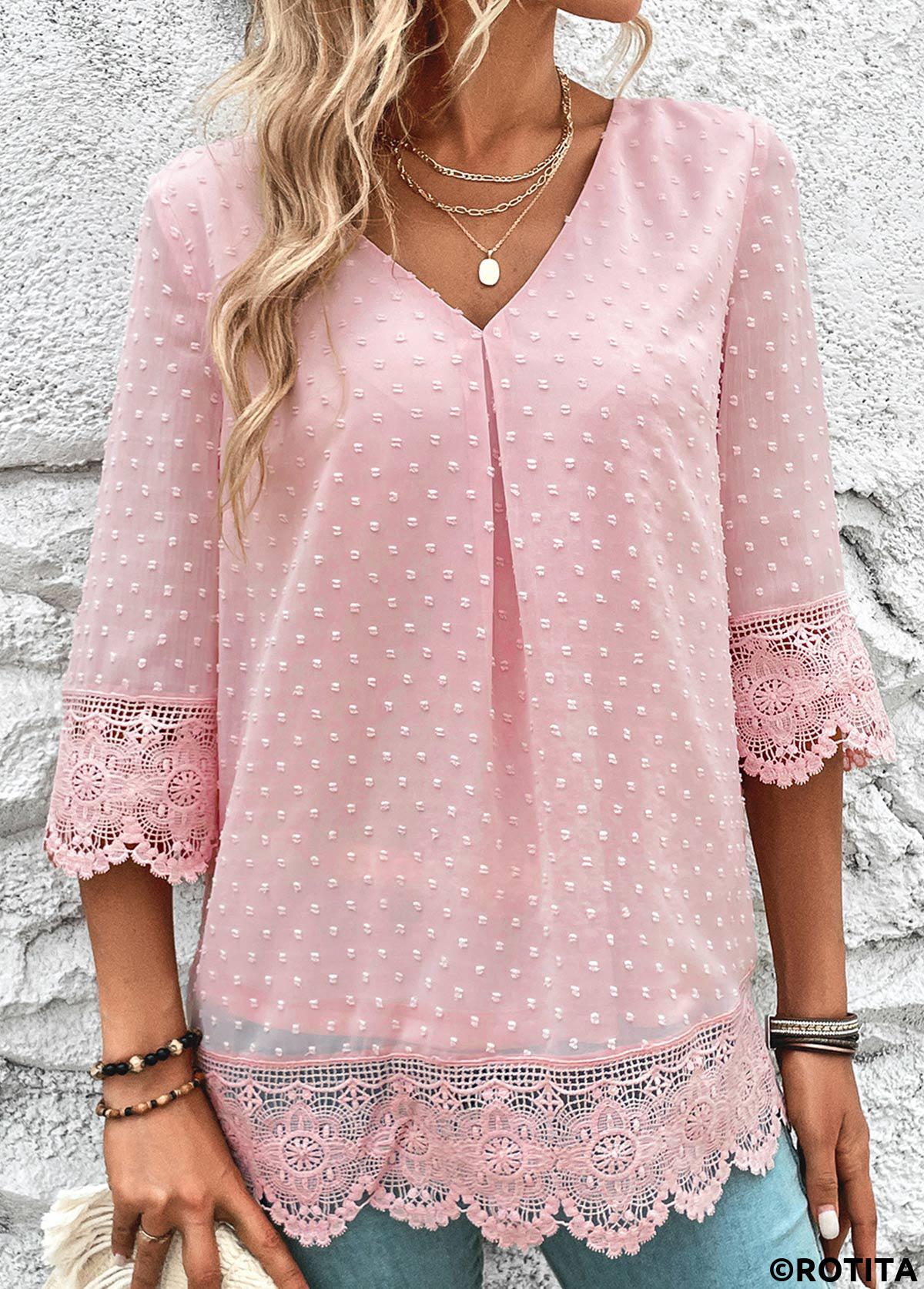 Light Pink tops,Plain Color tops,ROTITA Lace Light Pink V Neck 3/4 Sleeve Blouse