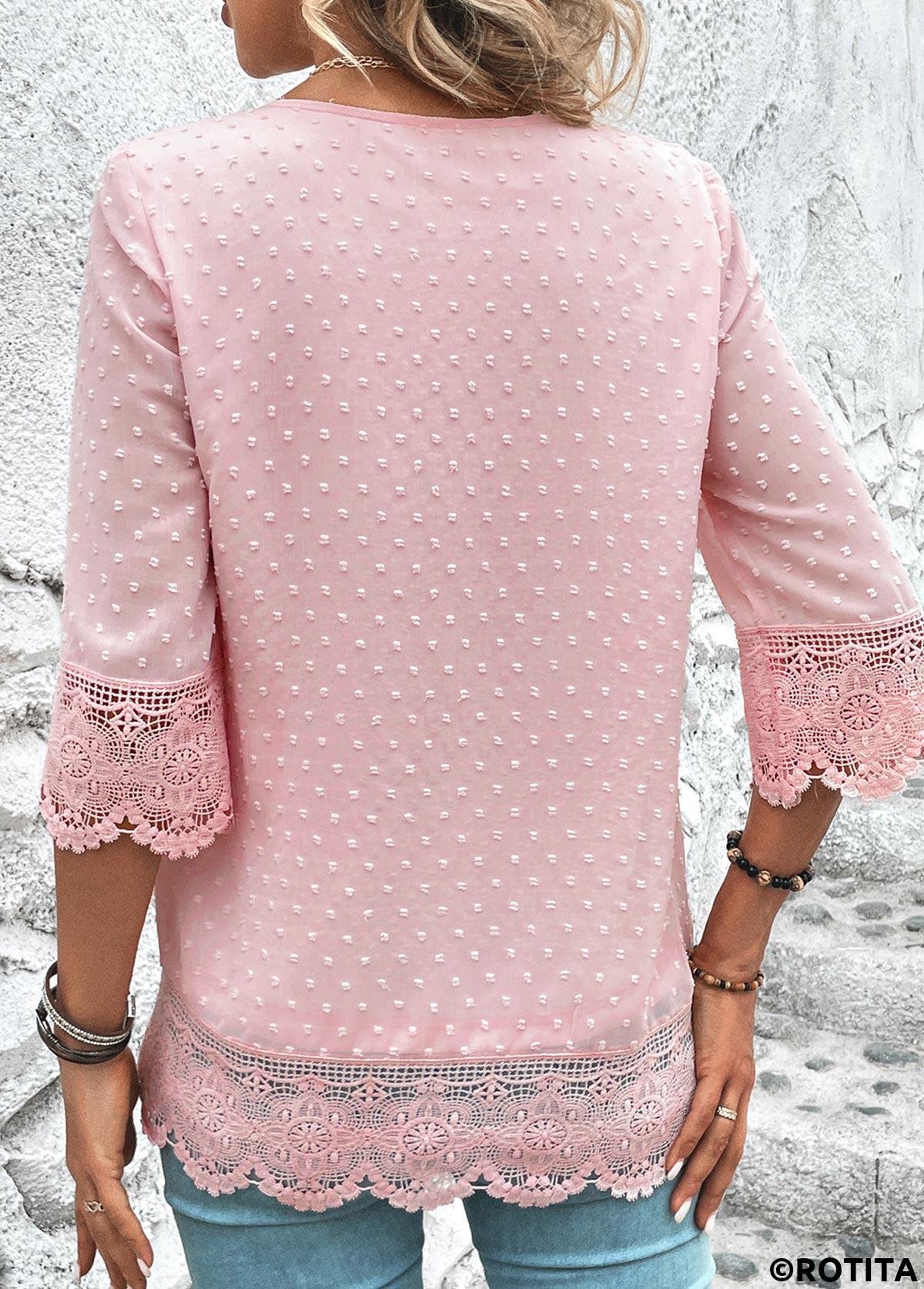 Light Pink tops,Plain Color tops,ROTITA Lace Light Pink V Neck 3/4 Sleeve Blouse