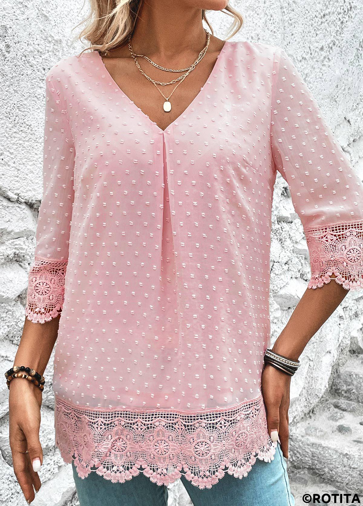 Light Pink tops,Plain Color tops,ROTITA Lace Light Pink V Neck 3/4 Sleeve Blouse