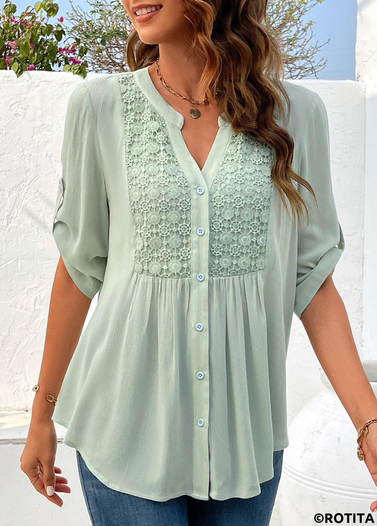Light Green tops,Plain Color tops,ROTITA Button Light Green Split Neck Half Sleeve Blouse