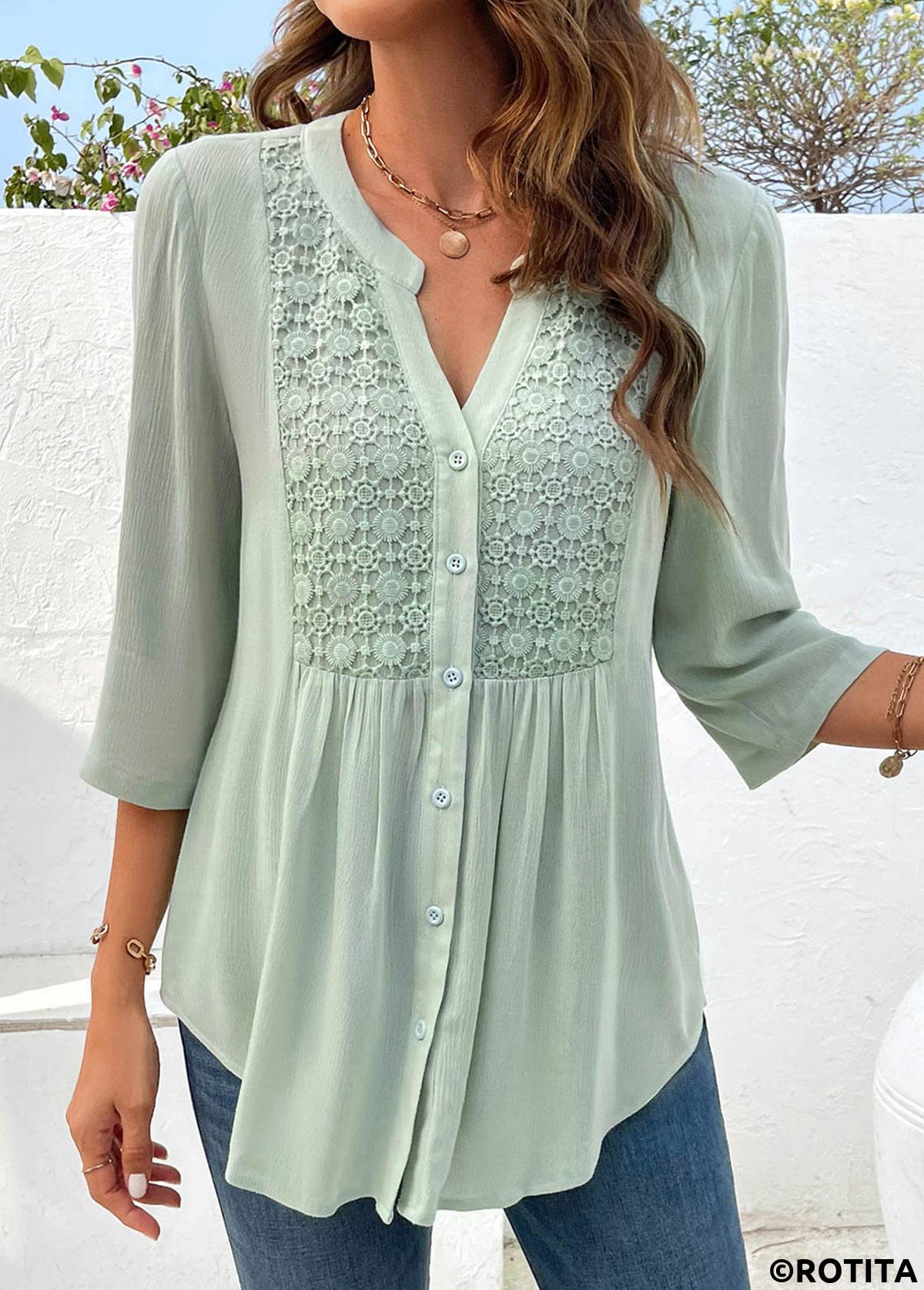 Light Green tops,Plain Color tops,ROTITA Button Light Green Split Neck Half Sleeve Blouse