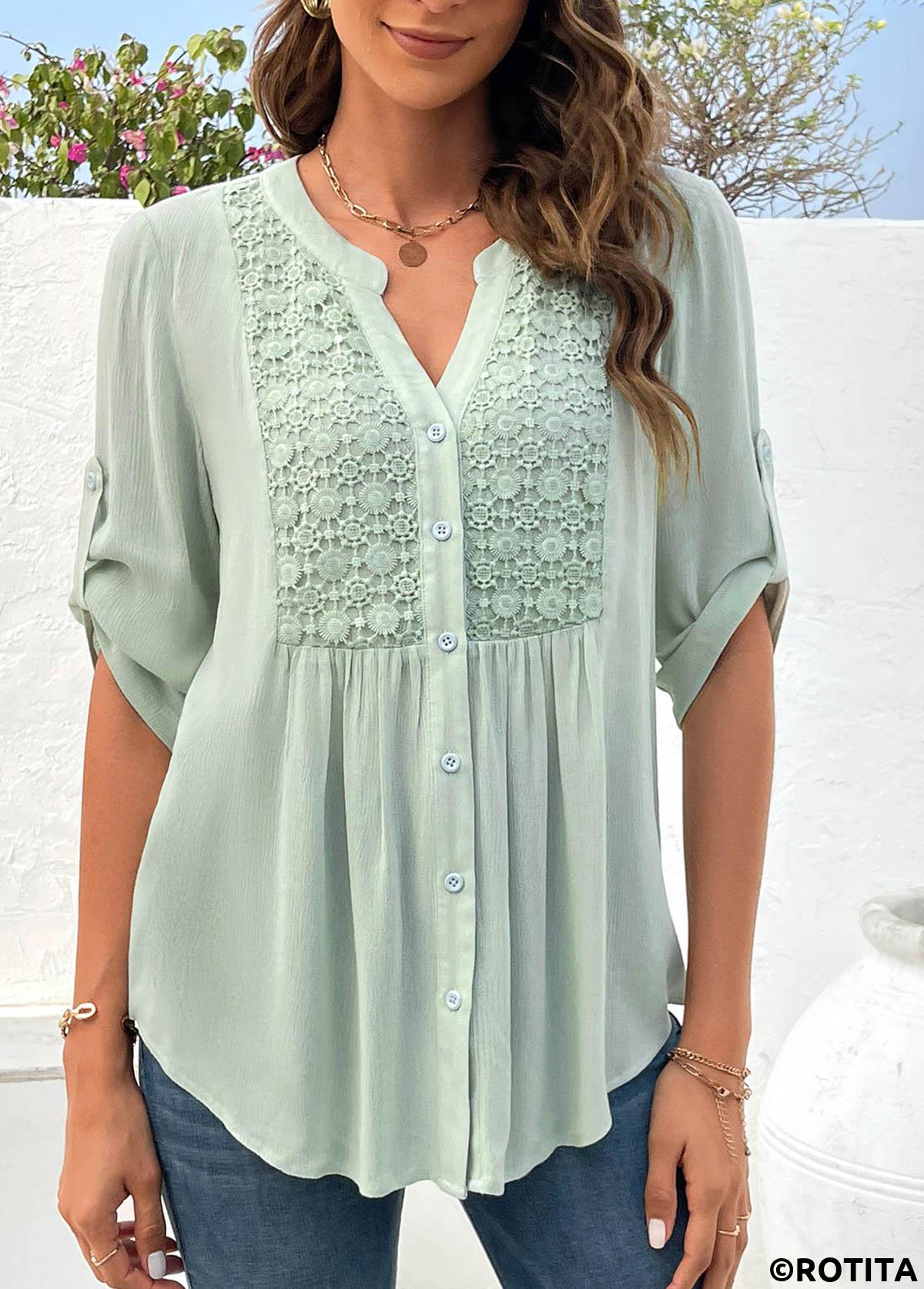 Light Green tops,Plain Color tops,ROTITA Button Light Green Split Neck Half Sleeve Blouse