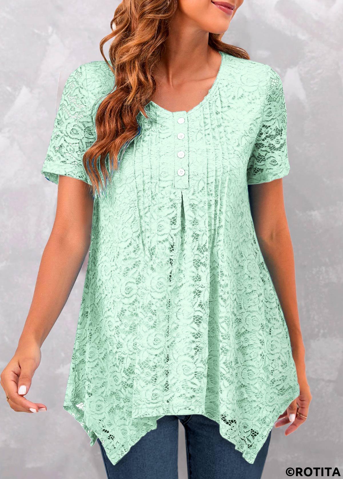 Mint Green tops,Plain Color tops,ROTITA Tuck Stitch Mint Green Scoop Neck T Shirt