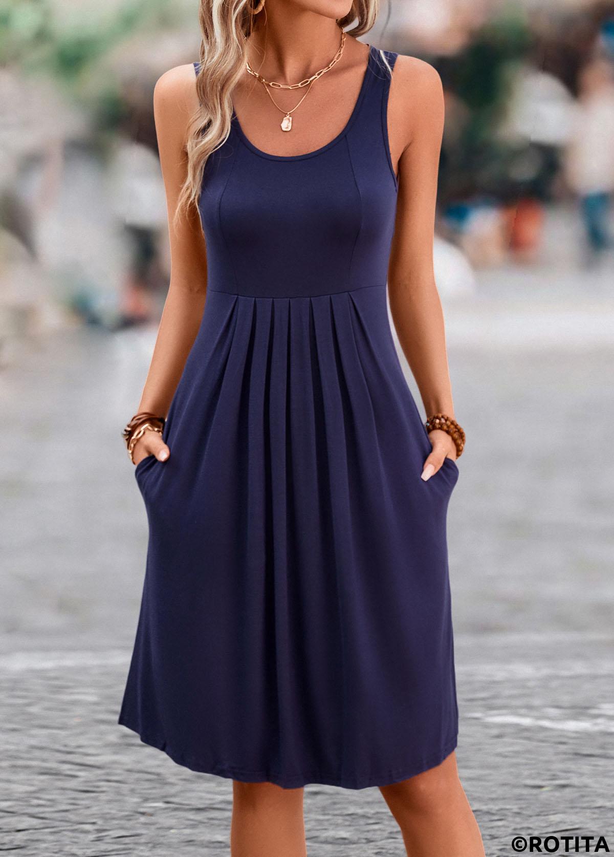 Pleated Navy H Shape Scoop Neck Sleeveless Dress