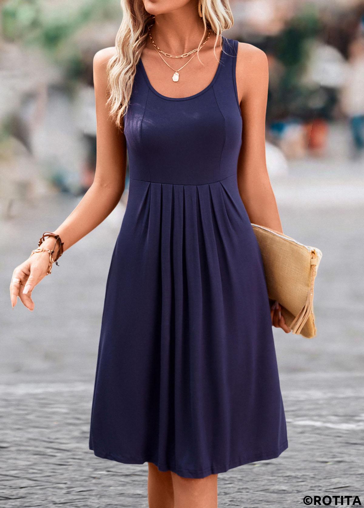 Pleated Navy H Shape Scoop Neck Sleeveless Dress