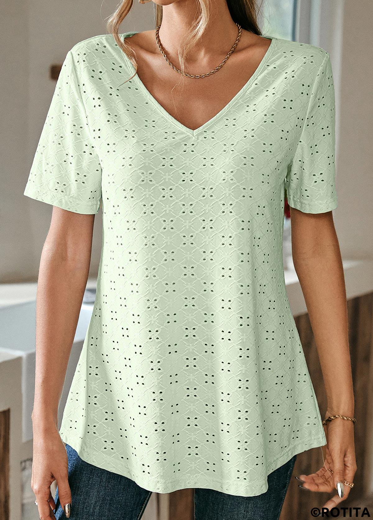 Light Green tops,Plain Color tops,ROTITA Lace Light Green Round Neck T Shirt