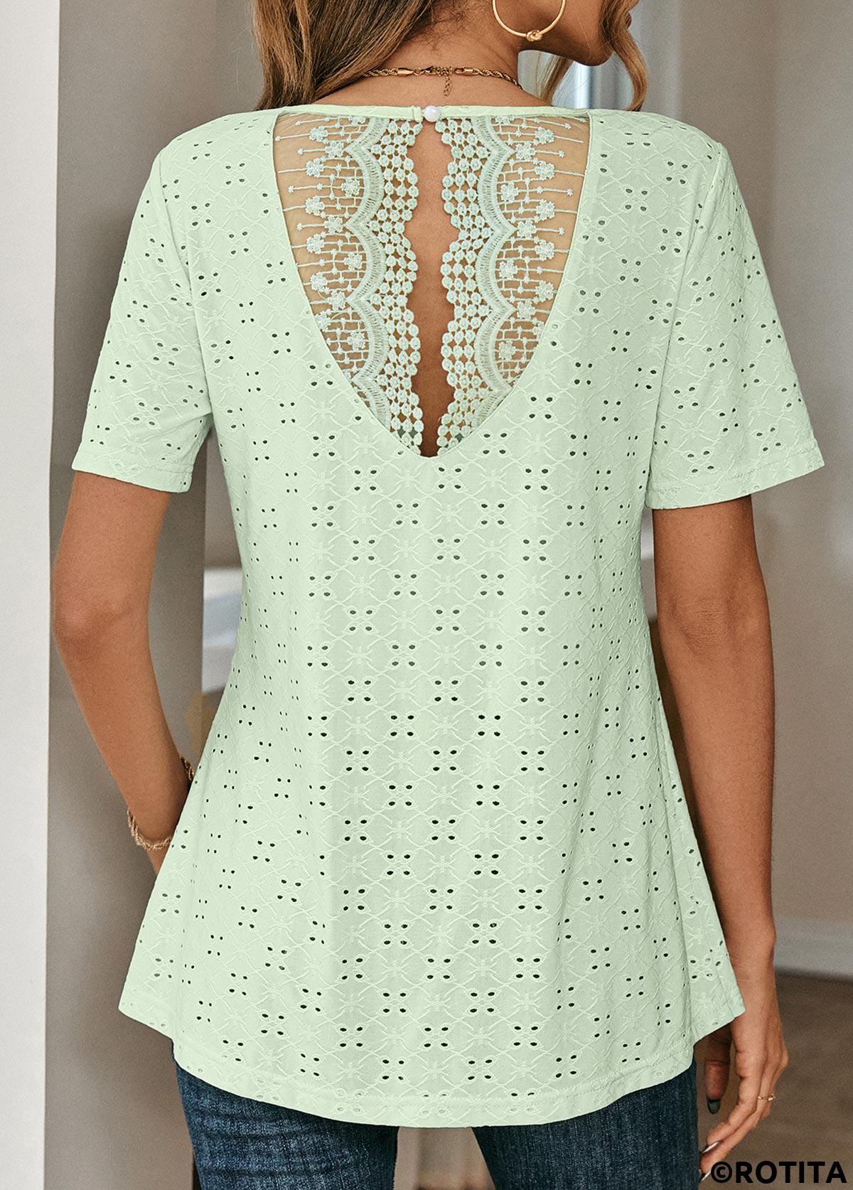 Light Green tops,Plain Color tops,ROTITA Lace Light Green Round Neck T Shirt