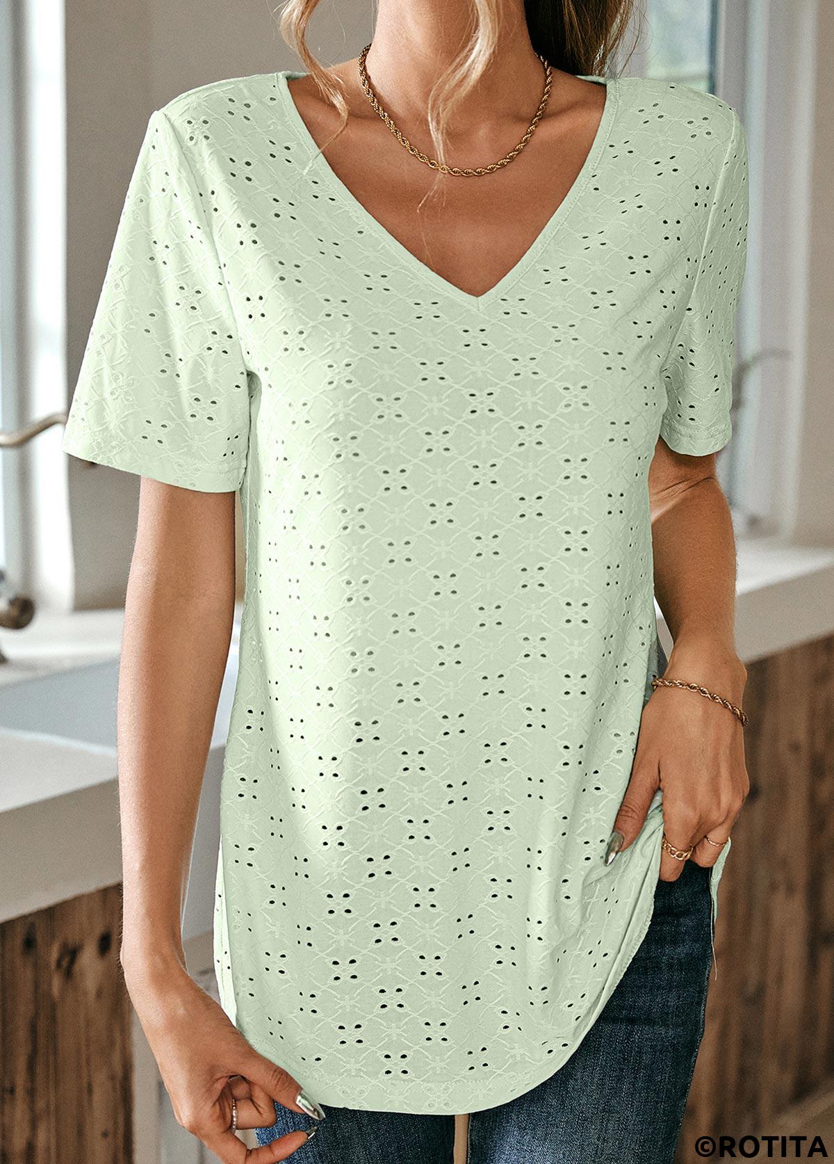 Light Green tops,Plain Color tops,ROTITA Lace Light Green Round Neck T Shirt