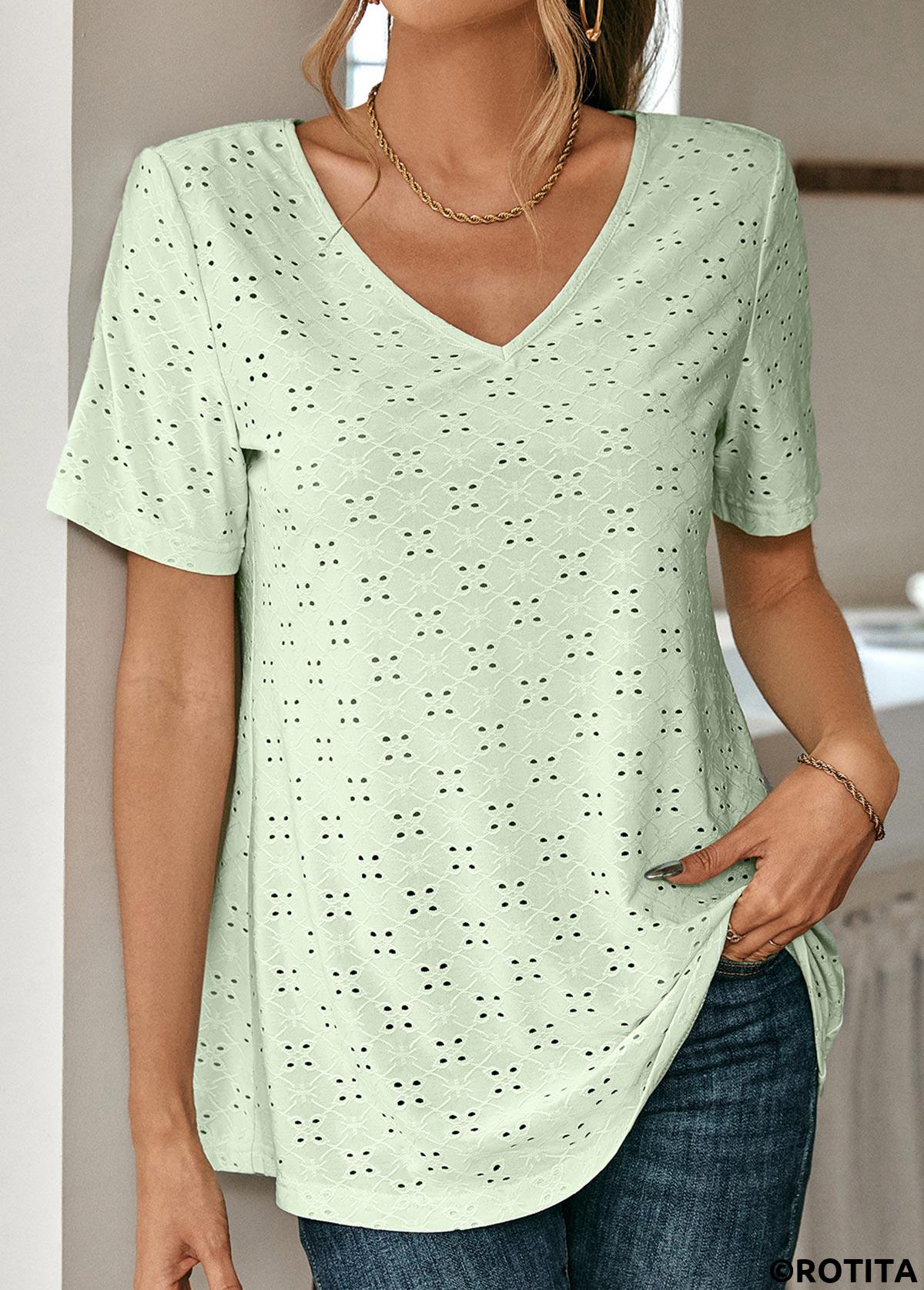Light Green tops,Plain Color tops,ROTITA Lace Light Green Round Neck T Shirt