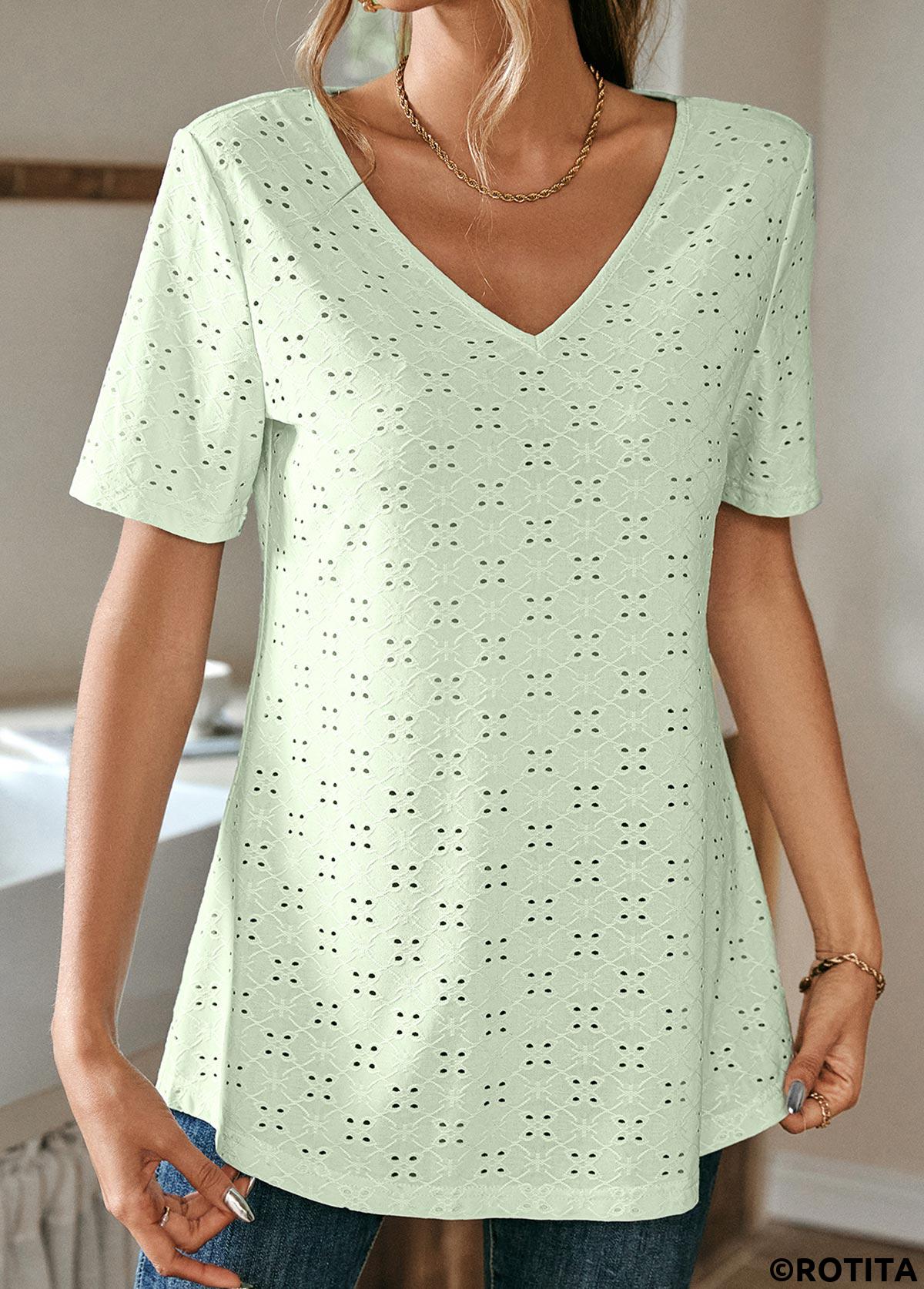 Light Green tops,Plain Color tops,ROTITA Lace Light Green Round Neck T Shirt