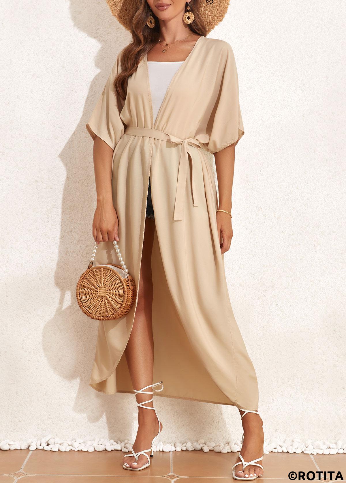 Light Coffee swimwear,Plain Color swimwear,Tie Belted Light Coffee Cover Up