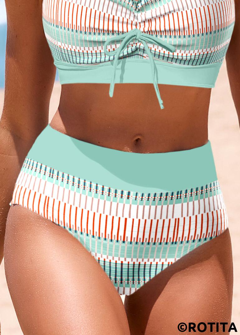 Mint Green swimwear,Geometric swimwear,Striped swimwear,ROTITA Mint Green Geometric Print Mid Waisted Bikini Bottom