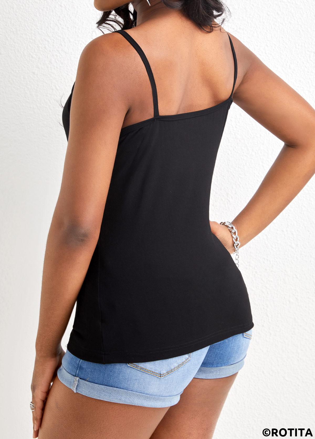 Black tops,Plain Color tops,ROTITA Criss Cross Black Square Neck Strappy Camisole Top