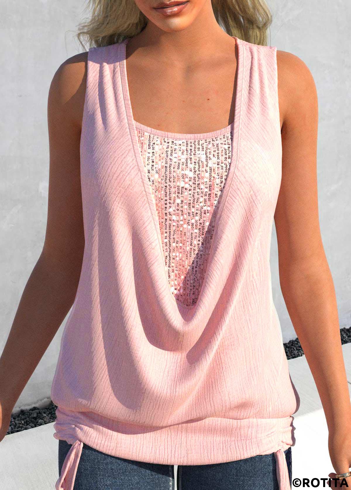 Light Pink tops,Plain Color tops,ROTITA Sequin Light Pink Draped Neck Tank Top