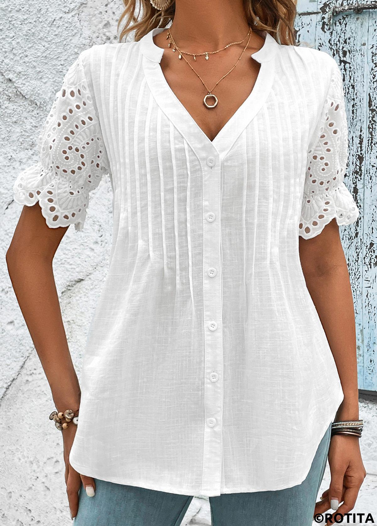 Scalloped Hem White Split Neck Short Sleeve Blouse