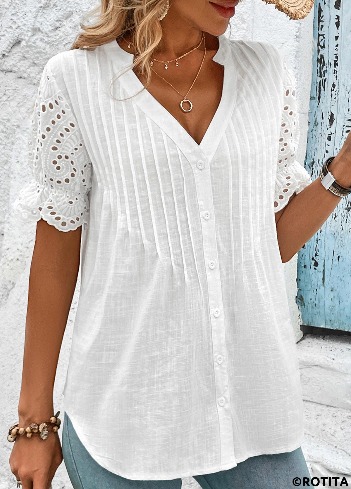 Scalloped Hem White Split Neck Short Sleeve Blouse
