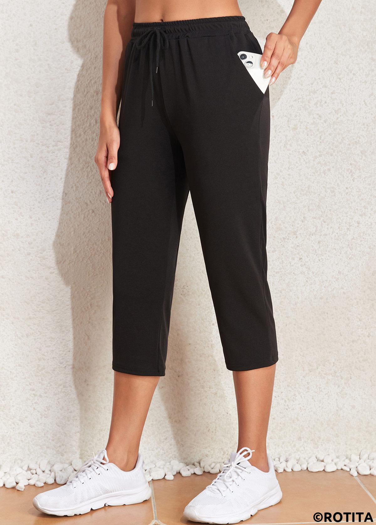 Black bottoms,Plain Color bottoms,Pocket Black Regular Drawastring High Waisted Pants