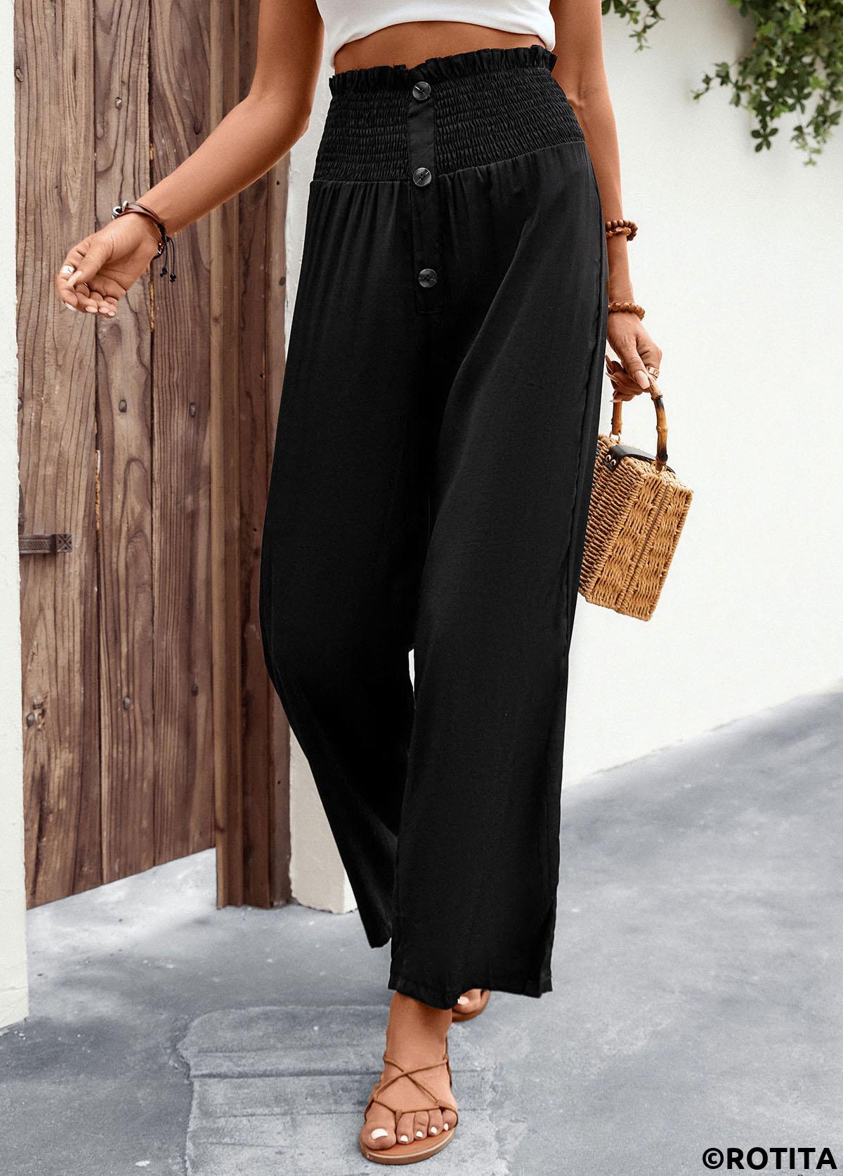 Black bottoms,Plain Color bottoms,Button Black Regular Elastic Waist High Waisted Pants