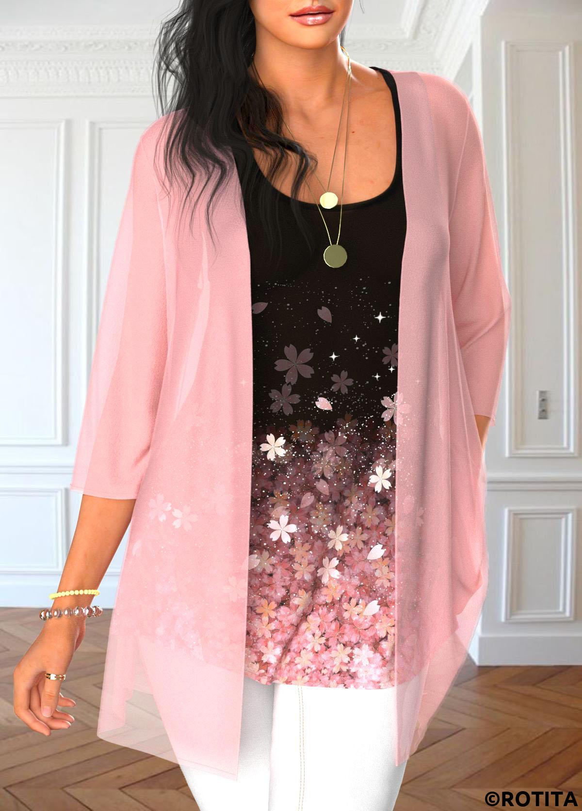 Light Pink tops,Black tops,Floral tops,Ombre tops,ROTITA Floral Print Light Pink Cardigan and Tank Top