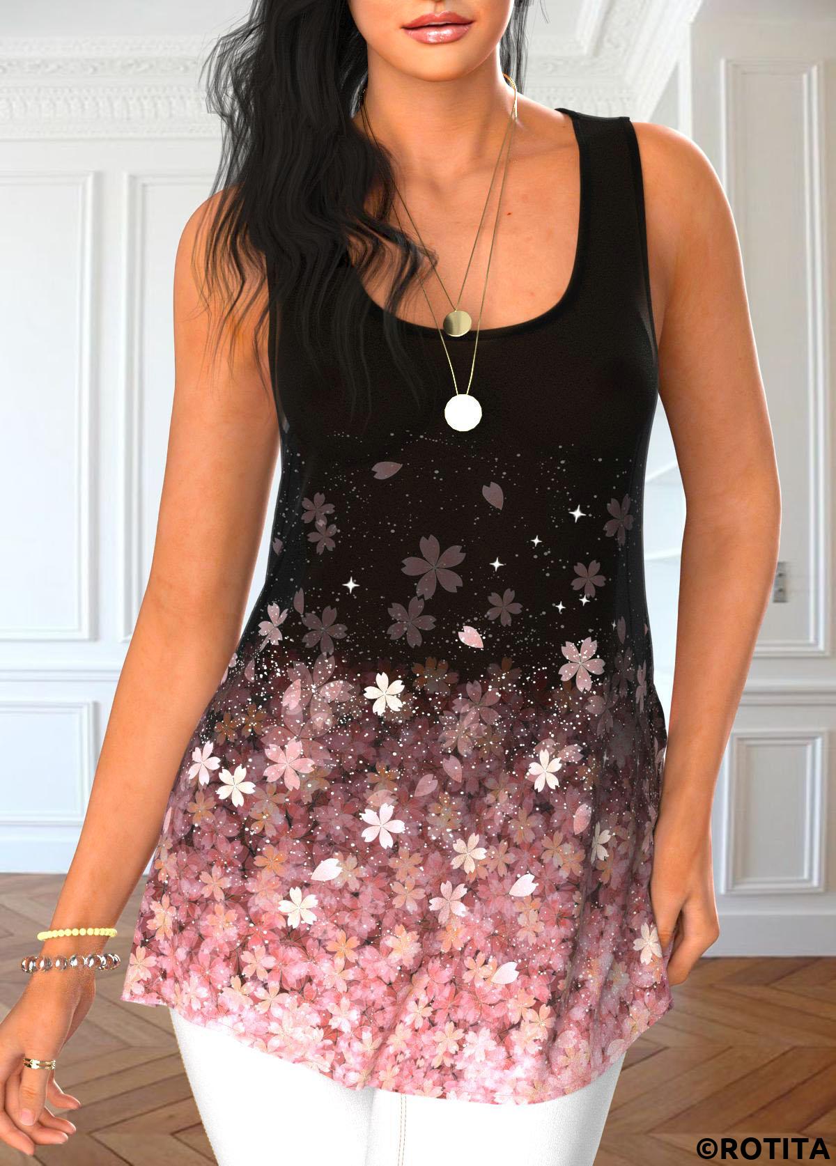 Light Pink tops,Black tops,Floral tops,Ombre tops,ROTITA Floral Print Light Pink Cardigan and Tank Top