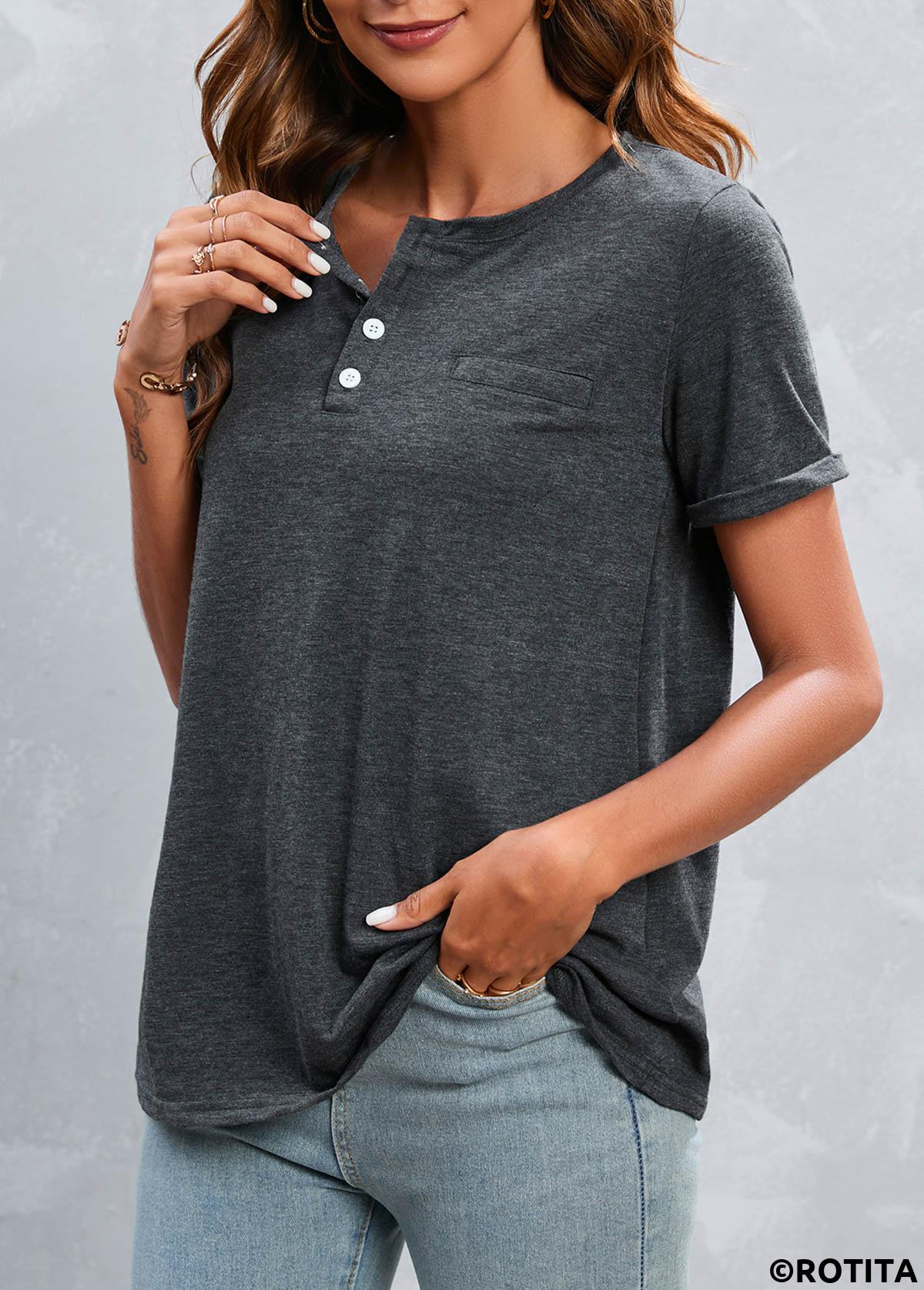 Dark Grey Marl tops,Plain Color tops,Button Dark Grey Marl Round Neck T Shirt