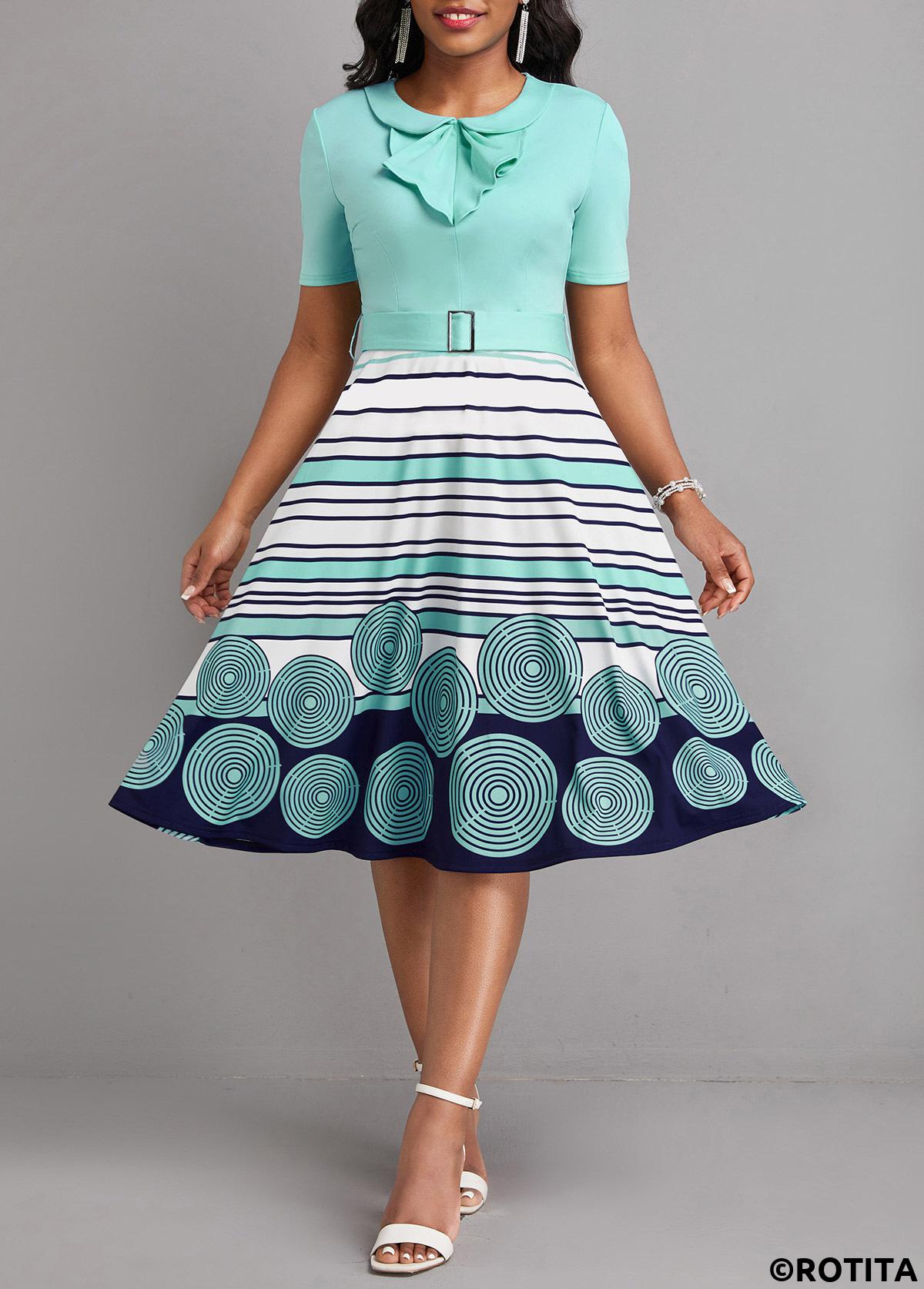 Cyan dresses,White dresses,Geometric dresses,Everyday dresses,Casual dresses,ROTITA Frill Striped Cyan Belted Peter Pan Collar Dress