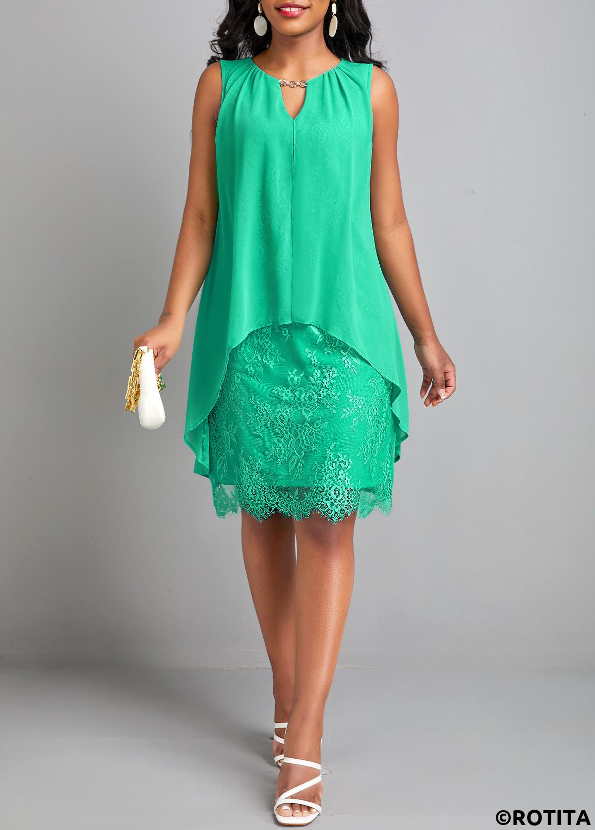 Green dresses,Plain Color dresses,Everyday dresses,Casual dresses,ROTITA Lace Green H Shape Round Neck Sleeveless Dress