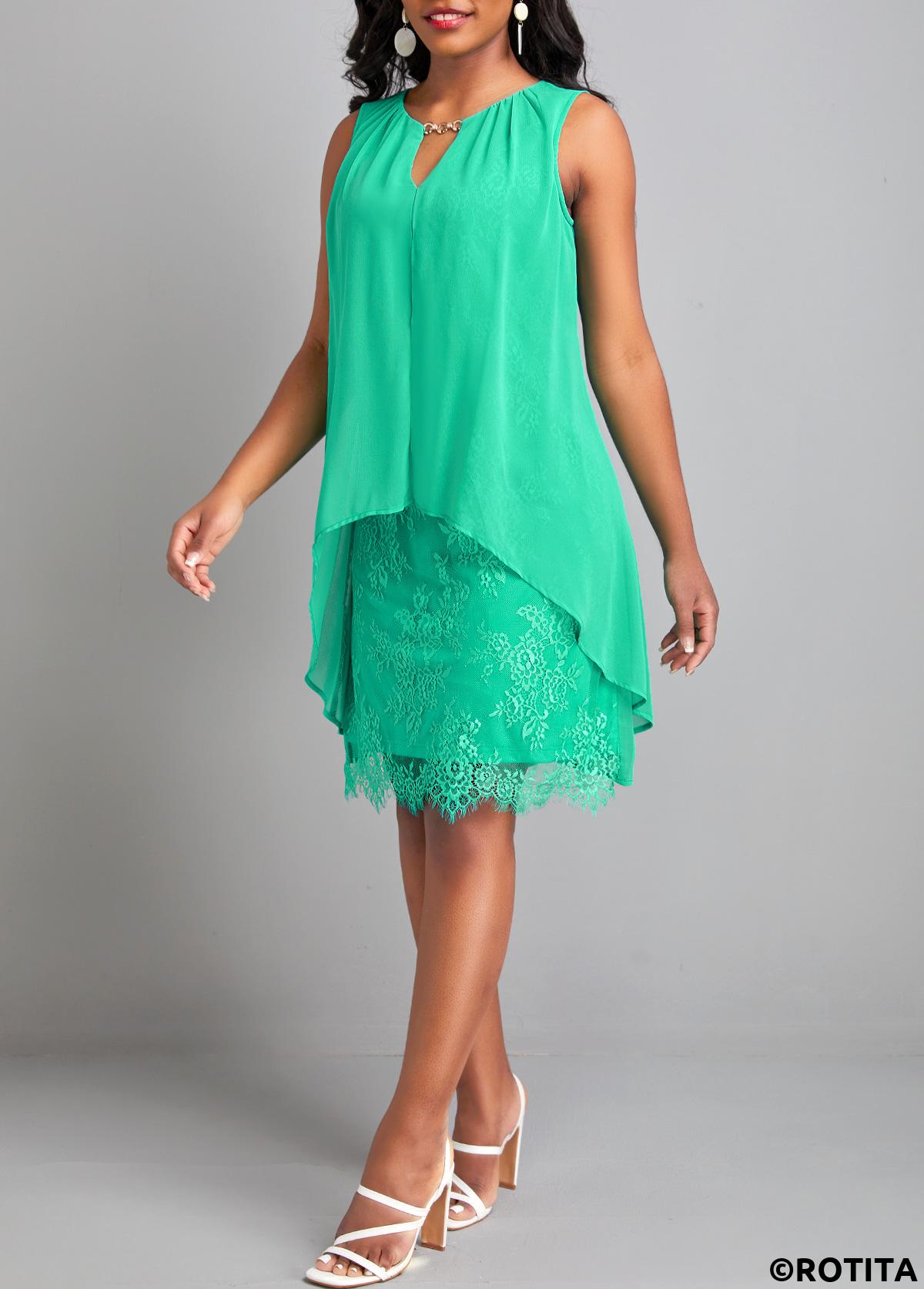 Green dresses,Plain Color dresses,Everyday dresses,Casual dresses,ROTITA Lace Green H Shape Round Neck Sleeveless Dress