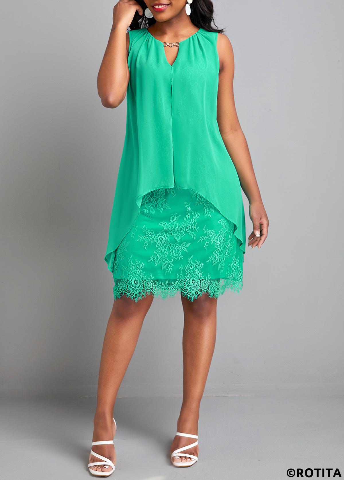 Green dresses,Plain Color dresses,Everyday dresses,Casual dresses,ROTITA Lace Green H Shape Round Neck Sleeveless Dress