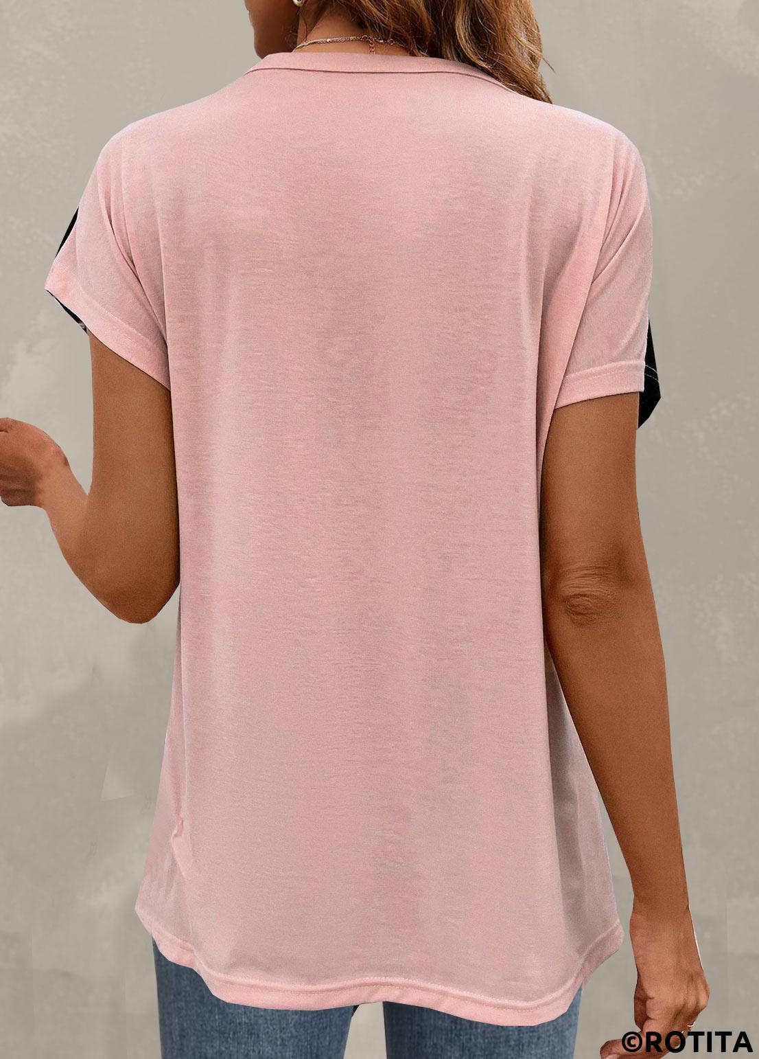 Light Pink tops,Black tops,Leopard tops,Animal Print tops,Leopard Light Pink Round Neck T Shirt