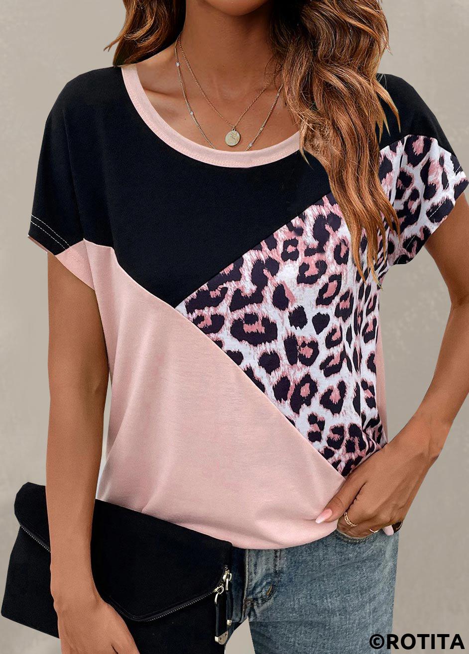 Light Pink tops,Black tops,Leopard tops,Animal Print tops,Leopard Light Pink Round Neck T Shirt
