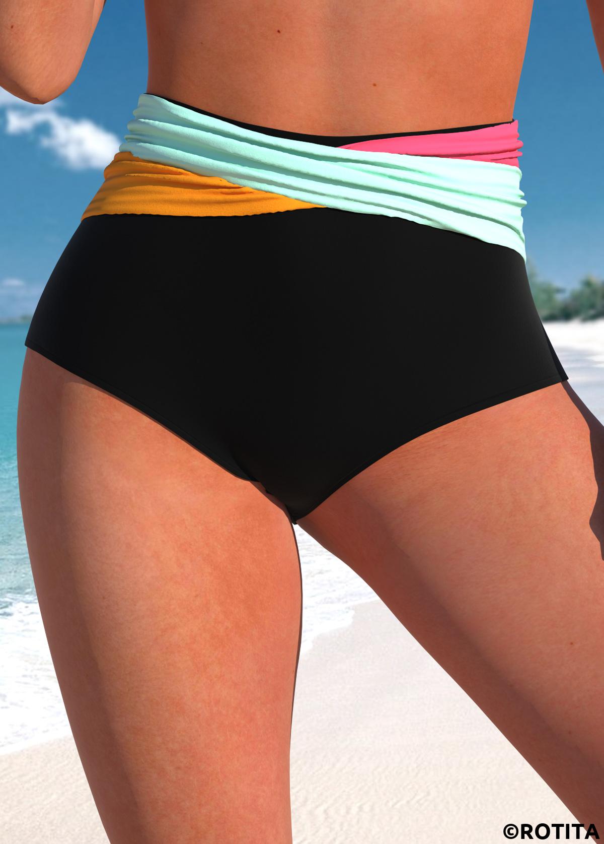 Black swimwear,Contrast Color swimwear,ROTITA Black Contrast Mid Waisted Bikini Bottom