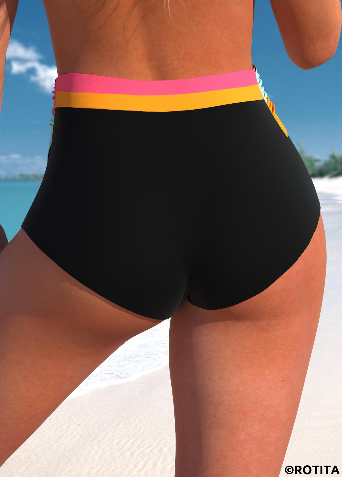 Black swimwear,Contrast Color swimwear,ROTITA Black Contrast Mid Waisted Bikini Bottom
