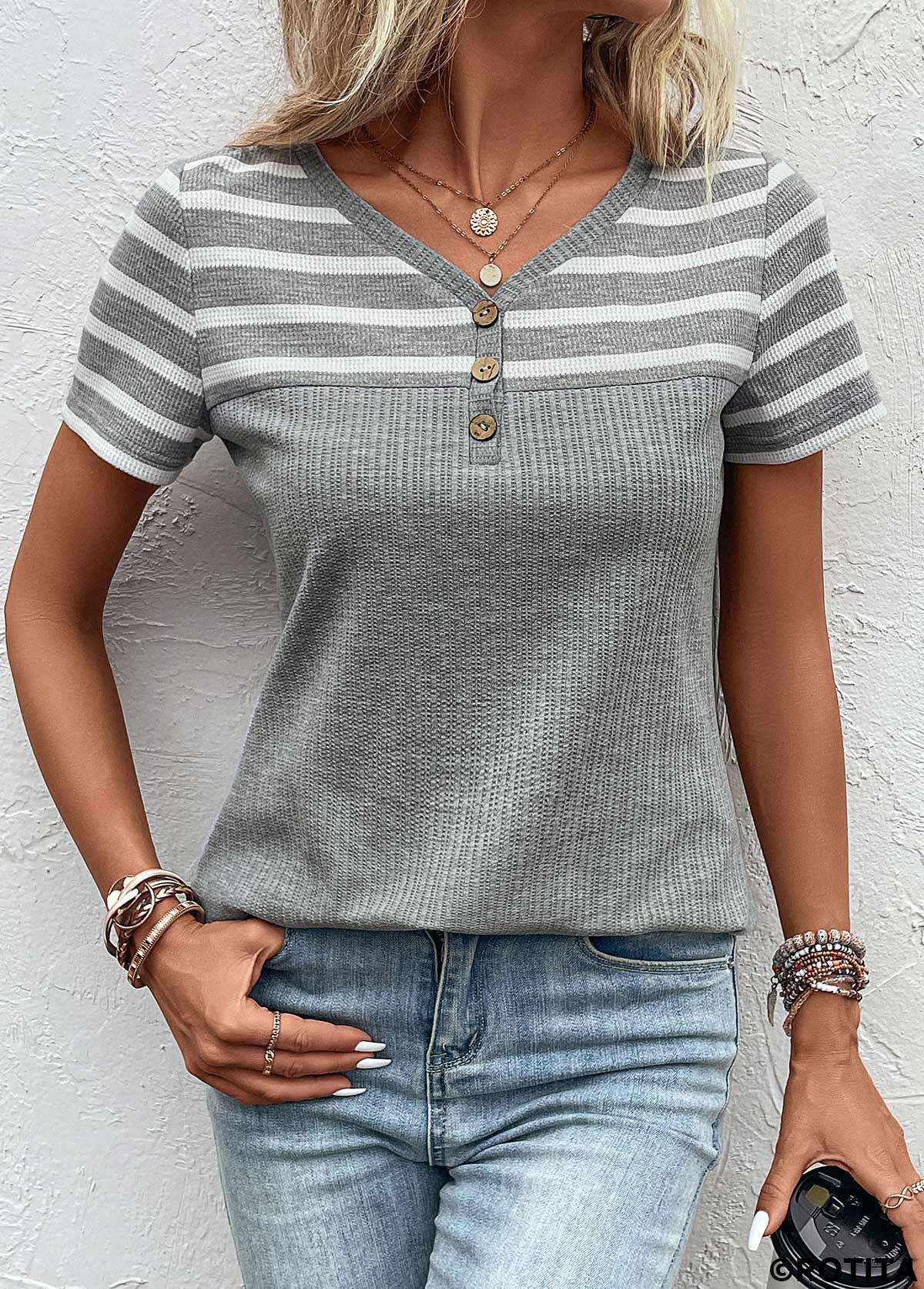 Grey tops,Striped tops,Geometric tops,ROTITA Button Striped Grey V Neck T Shirt