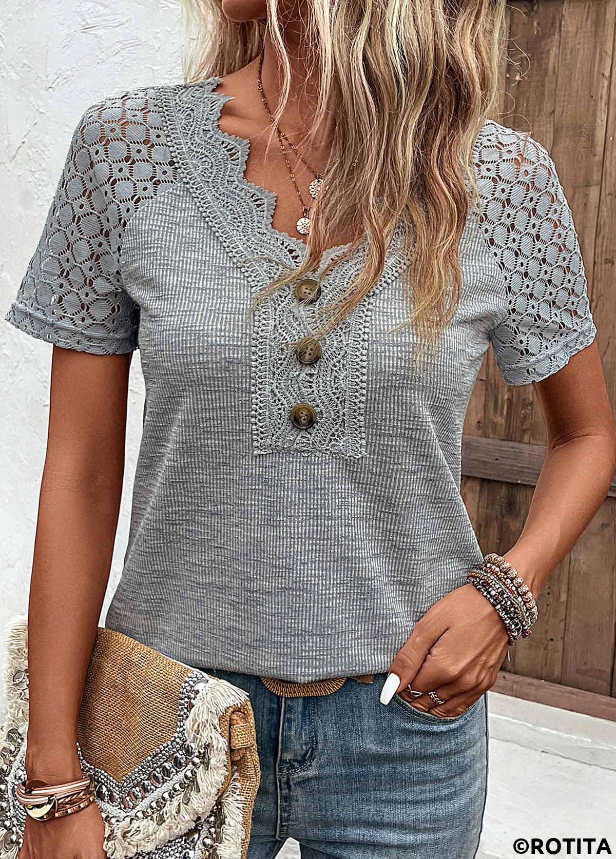 Grey plus size,Plain Color plus size,ROTITA Plus Size Lace Grey V Neck T Shirt