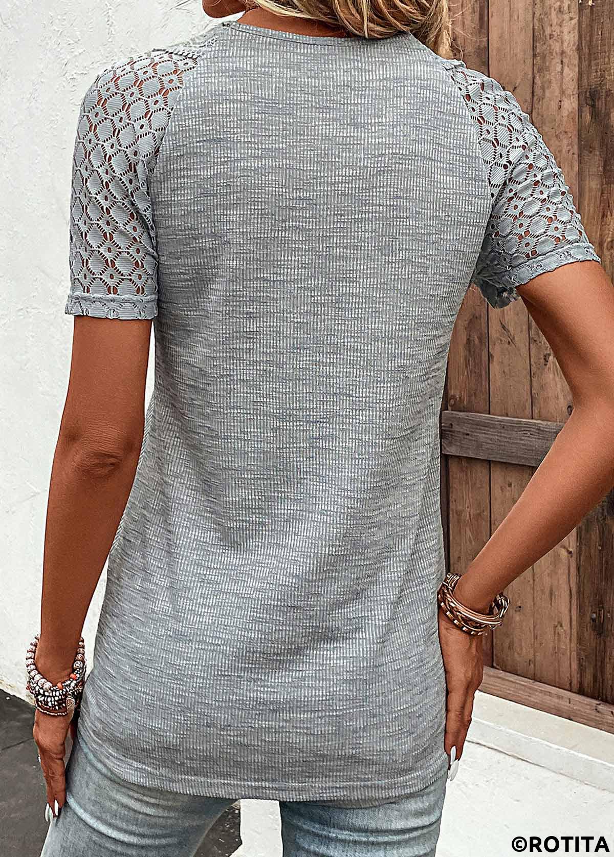 Grey plus size,Plain Color plus size,ROTITA Plus Size Lace Grey V Neck T Shirt