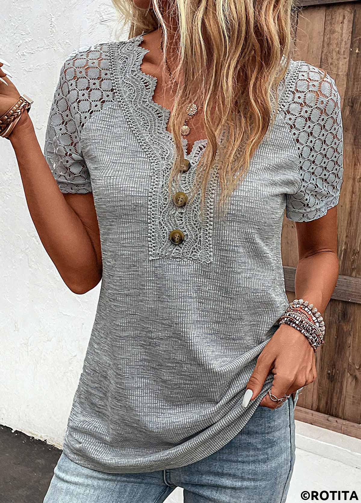 Grey plus size,Plain Color plus size,ROTITA Plus Size Lace Grey V Neck T Shirt